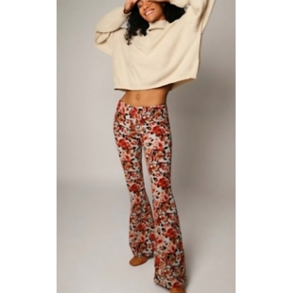 Free People Pink Floral Corduroy Pull On Flare Pants 30 Boho